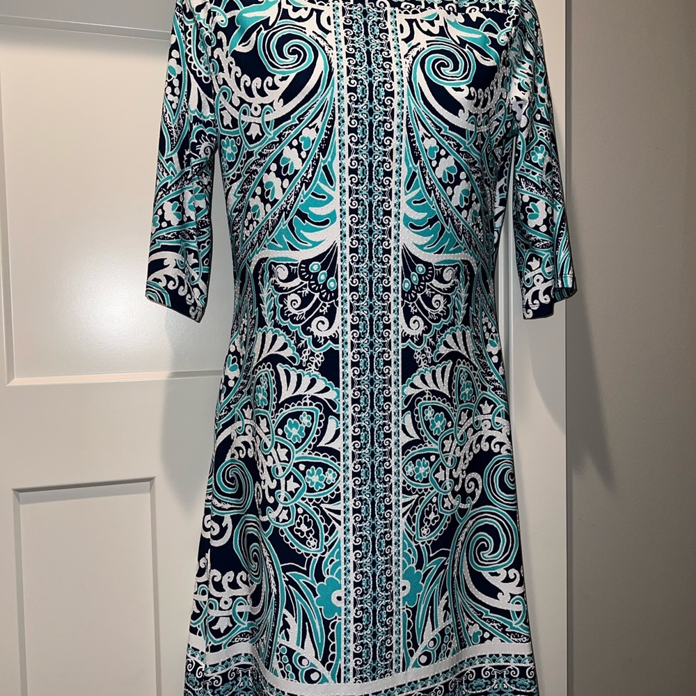 Haani Blue White print Jersey casual 3/4 sleeve Dress sz Small